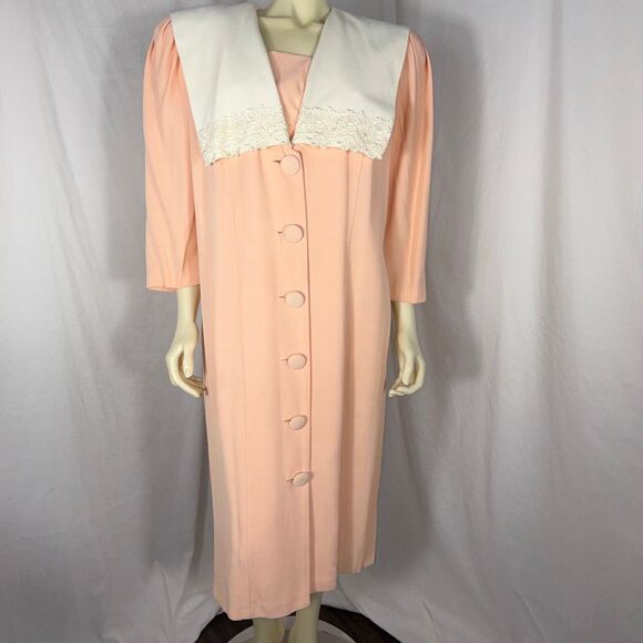 Vintage S.L. Fashions Peach Maxi Dress Size 20 – Statement Collar Lace Trim Full - Picture 4 of 16